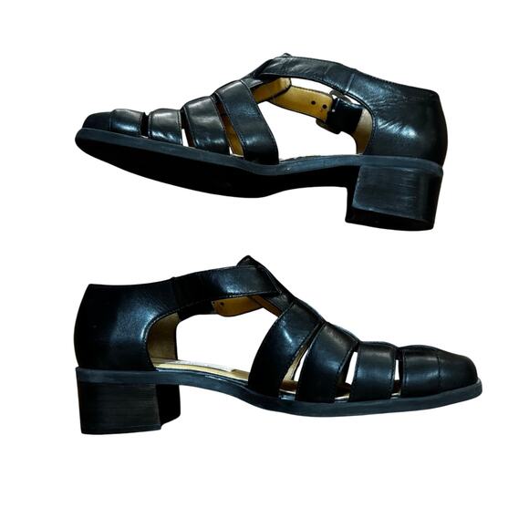 Calico low heel black leather sandals adjustable buckle classic casual 6M 1980's - Picture 2 of 8